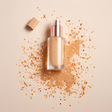 Cosmetic branding, salon and glamour concept - Skin care serum bottle, golden glitter confetti on beige background, make-up and cosmetics product for luxury beauty brand holiday designの素材