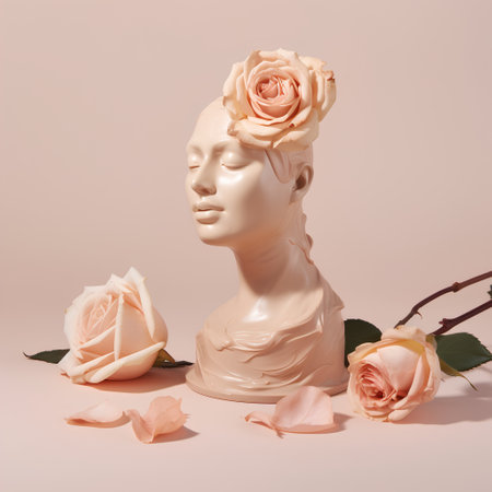 Statue of a woman with roses on a pink background. 3d renderingの素材