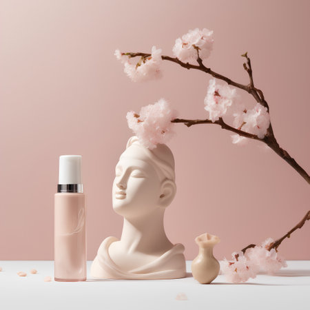 Blooming sakura branches and cosmetic products on pastel background.の素材