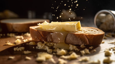 Slice of bread with butter and cheese splashes on wooden tableの素材