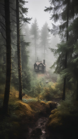 Wooden house in the forest in a foggy autumn day.の素材