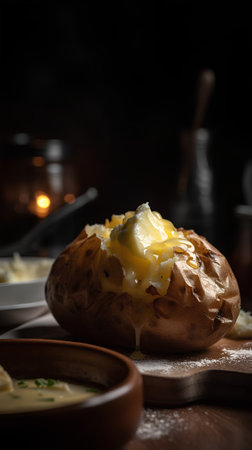 Baked potato with butter and mashed potatoes on a dark background.の素材