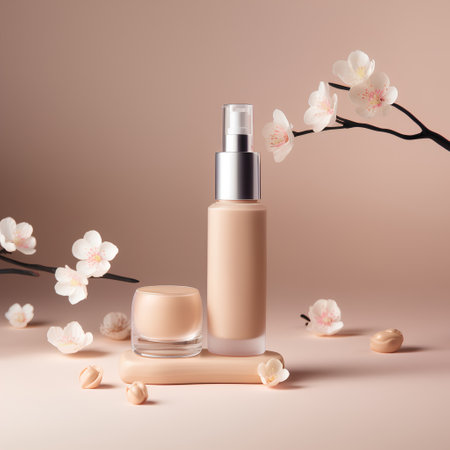 Cosmetic bottle mockup on beige background with white flowers.の素材