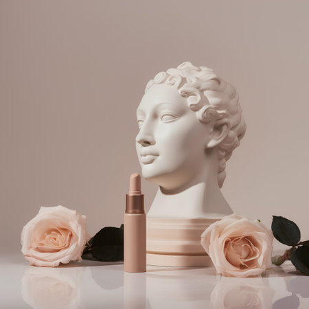 Cosmetic branding, salon and make-up concept - Luxury skin care product set, nude rose and marble statue of David.の素材
