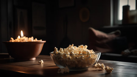 Popcorn in a glass bowl on a wooden table. Selective focus.の素材