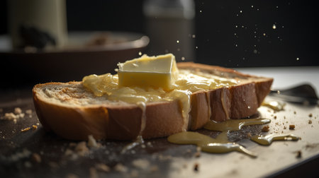 Slices of bread with butter and honey on a black backgroundの素材