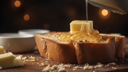 Pouring honey on toast with butter on wooden table, closeupの素材