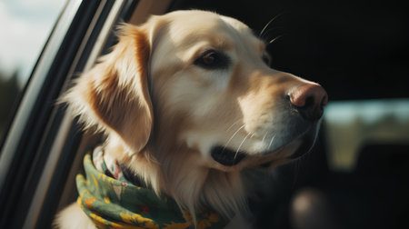 Golden Retriever looking out the car window. Selective focus.の素材