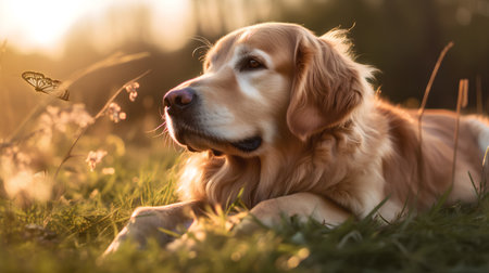 Golden Retriever dog lying on the grass in the sunset lightの素材
