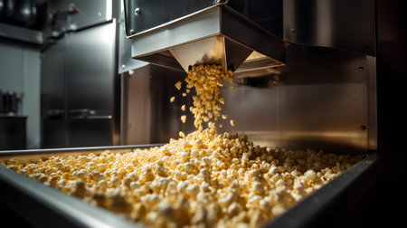 Popcorn being poured into a conveyor belt in a fast food factoryの素材