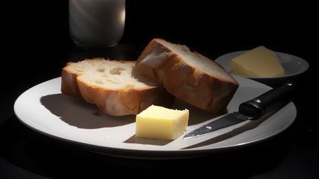 Ciabatta with butter and a knife on a black backgroundの素材