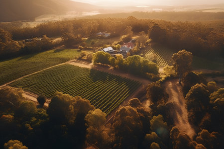 Aerial view of vineyard in the morning. Rural landscape.の素材