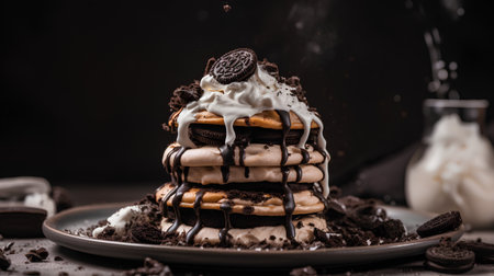 Stack of homemade belgian waffles with chocolate sauce and whipped creamの素材