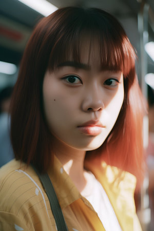 Portrait of a beautiful asian girl in the subway, vintage toneの素材