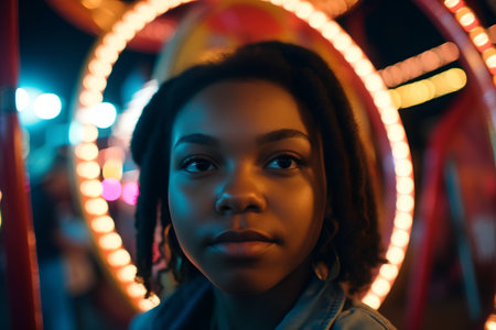 Portrait of beautiful african american woman in amusement park at nightの素材