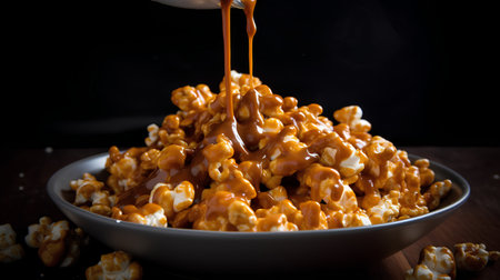 Caramel popcorn with caramel sauce on wooden background. Selective focus.の素材
