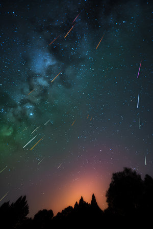 Night sky with stars and comets. Colorful starry sky.の素材