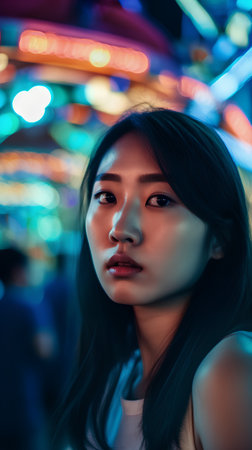 Portrait of a beautiful asian woman in the city at nightの素材