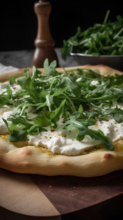 Pizza with arugula and feta cheese on a dark backgroundの素材