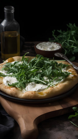 Italian pizza with arugula, cheese and olive oil on a dark backgroundの素材