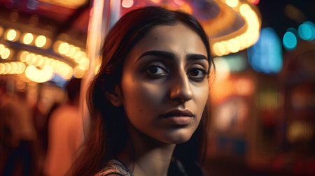 Portrait of a beautiful girl in the city at night with lightsの素材