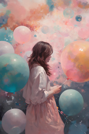 Beautiful pregnant woman with balloons in her hands. Watercolor paintingの素材