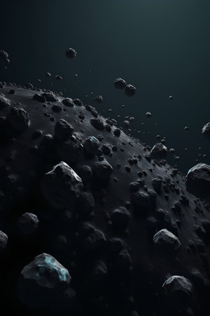 3d illustration of an asteroid in space over a dark blue backgroundの素材