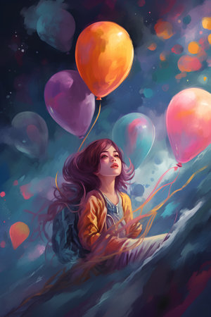 Portrait of a beautiful girl with balloons on the background of the night sky.の素材