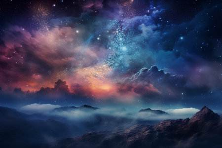Fantasy landscape with colorful nebula and stars. 3D renderingの素材