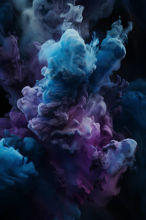 Abstract blue and purple cloud of ink in water on a black backgroundの素材