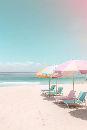 Beach chairs and umbrellas on beautiful tropical beach - Vintage filterの素材