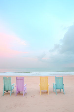 Beach chairs on the sand at sunset. 3D render.の素材