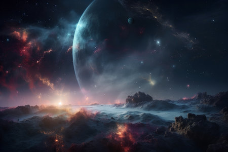 Abstract space background with planets and nebula. 3D rendering.の素材