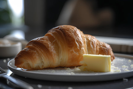 Fresh croissant with butter on a plate, selective focus.の素材