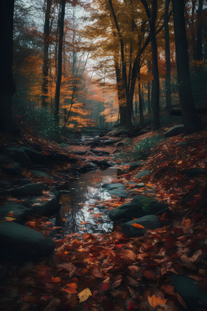 Mysterious autumn forest with river and colorful leaves. Magical atmosphereの素材