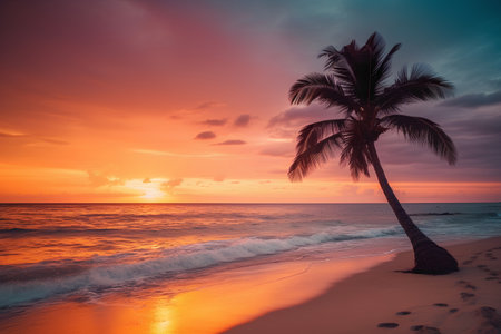 Palm tree on the beach at sunset. Beautiful tropical landscape.の素材