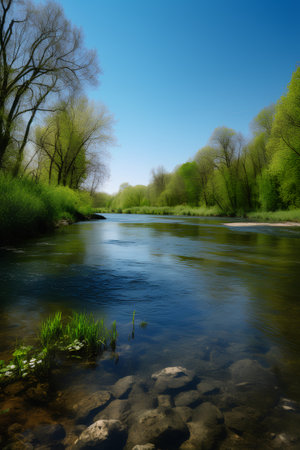 Beautiful spring landscape with river and blue sky. Nature composition.の素材