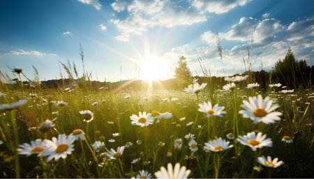 Summer landscape with daisies and sun in the blue sky.の素材