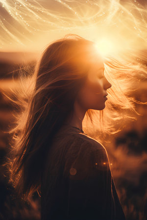Beautiful girl with long hair in the rays of the setting sunの素材