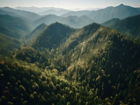 Aerial view of beautiful mountain landscape with coniferous forest.の素材