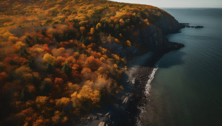 Aerial view of beautiful autumn forest and sea. Colorful autumn landscape.の素材