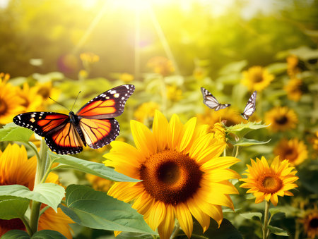 Sunflower field with butterfly and sunflowers. Nature background.の素材