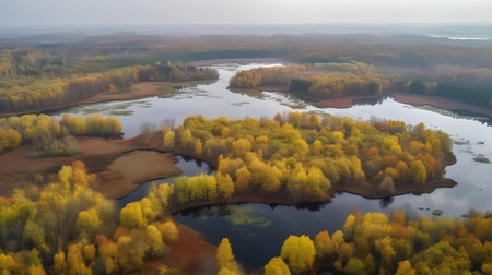 Aerial view of autumn forest and lake in Poland, Europe.の素材