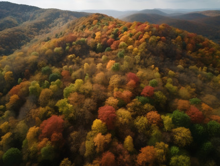 Aerial view of autumn forest in the mountains. Colorful trees in fall season.の素材