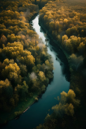 Aerial view of river and forest in autumn. Nature composition.の素材