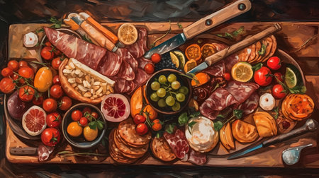 Slices of salami, ham, bacon, tomatoes, olives, olive oil painting.の素材