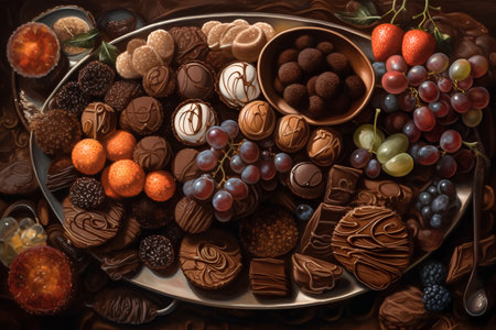 Assortment of chocolate candies on wooden table. Top view.の素材