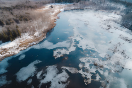 Aerial view of frozen river and forest in winter. Drone photographyの素材