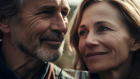 Portrait of happy senior couple drinking wine at home. Focus on manの素材