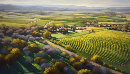 Aerial view of spring fields and village in the evening light.の素材